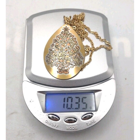 Reed & Barton 24k Gold Plate Silver Damascene Christmas Tree Pendant Necklace - Picture 10 of 10